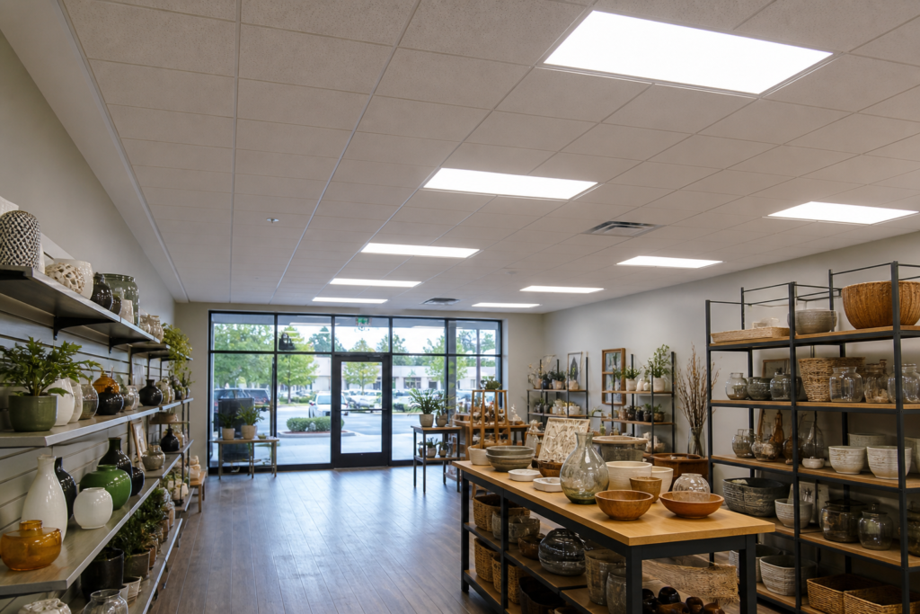 Commercial LED panel lighting in a retail space