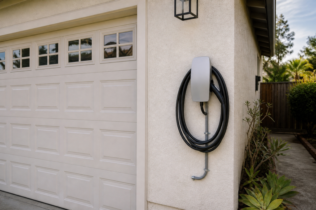 Residential Level 2 EV charger on a stucco garage wall