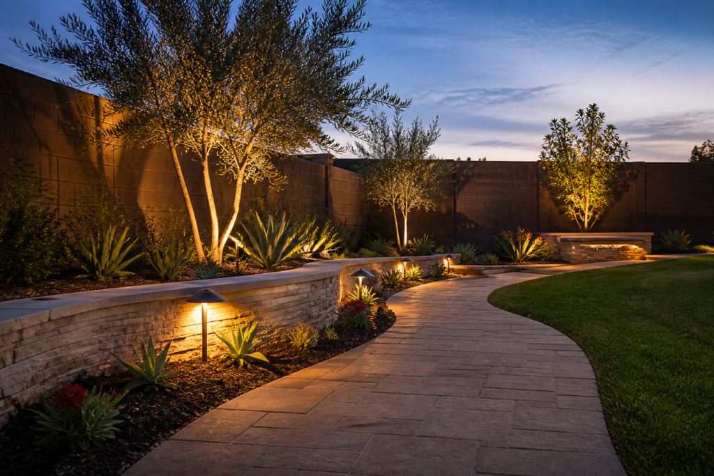 Landscape path and tree lighting at dusk