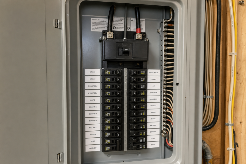 Labeled 200-amp residential electrical panel
